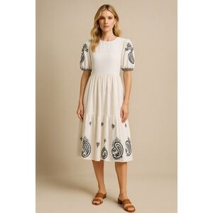 Tory Burch Paisey embroidered cotton puff sleeve tiered ruffle midi dress size M